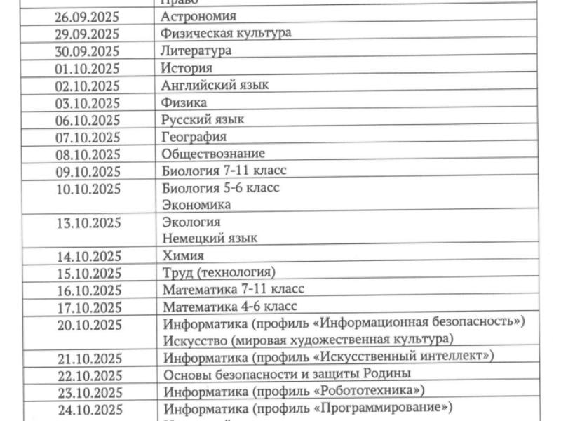 График проведения школьного этапа ВсОШ 2025-2026.